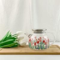 ins高硼硅耐热玻璃茶壶春天新款郁金香 冷水壶 可放热水 明火加热 全钢盖郁金香凉水壶 圆形茶盘