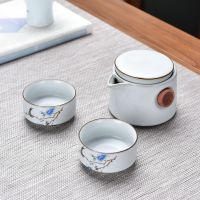 汝窑开片陶瓷功夫茶具快客杯一壶二杯四杯便携式旅行茶壶茶杯茶盘 1-花鸟一壶+圆口两杯.