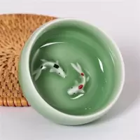 龙泉青瓷双鱼杯功夫茶杯陶瓷品茗杯小茶杯汝窑紫砂茶具茶杯冰裂杯 弟窑梅子青双鱼杯