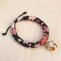 和风项圈 猫项圈猫咪项圈猫铃铛猫项链猫圈猫用品 黑色繁花 XS(脖围15-20cm)