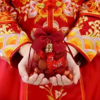 高档喜糖袋袋子纱袋抽绳礼盒装礼袋糖果网纱糖盒糖袋婚庆结婚用品 5个小号（10*13厘米） 高档酒红蝴蝶结铜囍字款