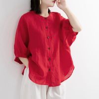 2021夏季棉麻衬衫女装灯笼袖复古文艺上衣宽松显瘦中袖大码衬衣女 红色(关注店铺 优先发货) M 105斤内