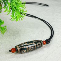 天然西藏真品九眼天珠吊坠玛瑙项链复古民族风男女款玛瑙挂绳配饰 青色九眼天珠[竖穿挂绳+证书]