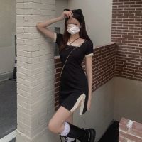 黑色连衣裙女夏季2021新款短袖拼接设计感短裙子修身显瘦小黑裙潮 黑色 XXS [推荐20斤内]
