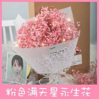 满天星干花花束生日礼物送女生玫瑰花向日葵永生花母亲情人节礼物 粉色满天星粉兔+礼盒款