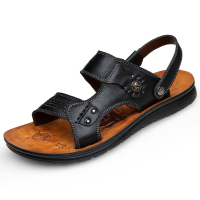 韩版潮流牛皮休闲男士沙滩鞋透气真皮凉鞋防滑凉拖鞋(紫杉烟斗) 黑色 38