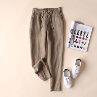品牌女装折扣店老爹垮裤松紧腰苎麻长裤2021新款大码九分束脚裤子 深卡其小脚裤 S[95斤以下]