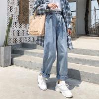 春夏薄款阔腿牛仔裤女学生韩版高腰宽松显瘦直筒百搭老爹裤长裤潮 蓝色 XS 【65-80斤】