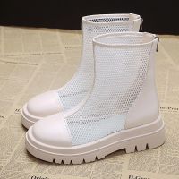 马丁靴女夏季薄款透气网纱镂空凉靴2021新款烟管厚底松糕短靴凉鞋 米白色 35 标准