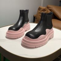 新款真软皮mona百搭圆头英伦风ins短筒靴BV厚底中筒高跟切尔西靴 少女粉底短筒 40