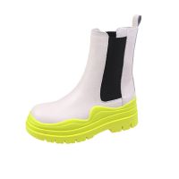 欧洲站欧货2021秋季新款真软皮女鞋时尚厚底绿底马丁靴烟筒中短靴 米白色 35