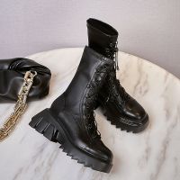 靴子切尔西靴厚底中筒弹力靴2021春新款皮面显瘦增高百搭马丁靴女 90-42马丁靴黑色 35 正规码