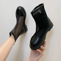 马丁靴女夏季薄款透气网纱镂空凉靴2021新款烟管厚底松糕短靴凉鞋 黑色 跟高3厘米 35