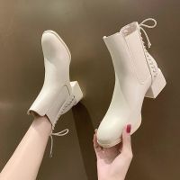 瘦瘦短靴女2021年四季新款时尚百搭蝴蝶结气质粗跟英伦风烟管裸靴 米色【防滑底】 35