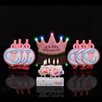 儿童生日派对装饰布置 生日帽子周岁皇冠帽吹龙眼镜卡通蛋糕蜡烛 小猪款粉帽吹龙蜡烛
