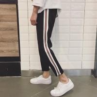 港风裤子男松紧腰时尚印花学生九分韩版直筒牛仔裤男百搭裤秋季 侧边红条[送礼品] S 码[80-95斤]