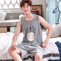 夏装胖大童无袖睡衣青少年男孩子棉质背心短裤初中学生薄款家居服 1175背心深灰狗咪 男少年版M码[60-80]斤