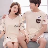[两套价]韩版情侣睡衣女夏季薄款可爱韩版短袖睡裙男家居服套装 米黄熊猫(热卖) 群套 女M80-100
