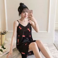 春秋睡衣女冰丝短袖性感长裤薄款韩版ins夏仿真丝加大家居服套装 樱桃 M[80斤-95斤]