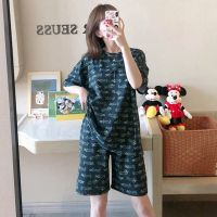 太阳花卡通可爱睡衣女夏季套ins短袖可外穿韩版宽松大码凉快薄款 黑鳄鱼短袖短裤套装 XL 120-140斤