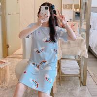 睡裙女夏季宽松大码中长款短袖连衣裙韩版学生可爱夏天可外穿睡衣 云朵蓝 (不含收纳袋) L 建议90-105斤