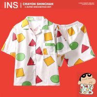 韩国蜡笔小新同款睡衣女长袖春秋卡通夏季短袖学生家居月子服套装 双短[小新同款]不透白(收藏送眼罩) S 70斤内[大童尺