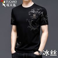 2021新款啄木鸟短袖T恤男士冰丝光棉夏季宽松休闲半袖体恤衫潮流 黑色 165/M建议95-115斤