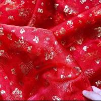高品质烫金网纱布料 硬纱服装设计裙纱舞台演出服装面料娃衣布料 金蝴蝶欧根纱(大红) 一米价(宽幅1.5米)多件不裁开
