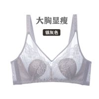夏季女士内衣无钢圈超薄款无海绵文胸蕾丝大胸显小聚拢防下垂胸罩 兔耳杯银灰色 34/75B