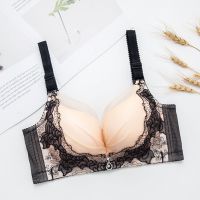 无磁无钢圈刺绣内衣女聚拢中厚蕾丝胸罩舒适调整型性感文胸 黑色 32/70AB