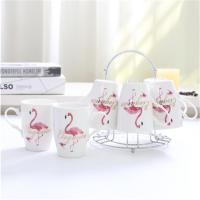 欧式陶瓷冷水壶客厅家用凉水壶茶具茶杯水杯杯子凉水杯杯具套装 280ml红花火烈鸟带把6杯(杯架)