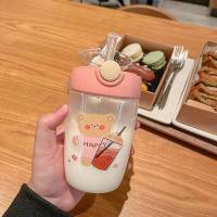 ins创意简约塑料杯带刻度清新吸管杯男女学生高颜值防摔便携杯子 奶茶熊弹跳吸管塑料杯粉色420ml 单杯子