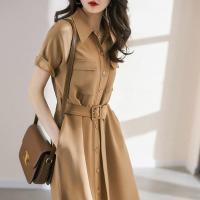 轻奢仿桑蚕丝衬衫裙2021春夏新款过膝长裙系带连衣裙单排扣工装裙 卡其色[收藏店铺优先发货] S