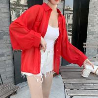 [送吊带]2021夏季新款薄款防晒衬衫上衣宽松雪纺衬衣开衫外套女 816红色(送白色吊带) XL[115-130斤]