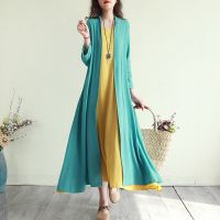 文艺复古长款竹节棉麻料防晒衣女式风衣外套夏季外搭开衫宽松森系 湖蓝色 L 80-135斤