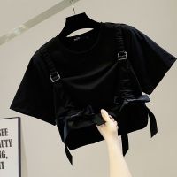 2021夏季时尚套装女学生韩版宽松设计感短袖T恤+工装半身裙两件套 单件黑色T恤 S 建议70-90斤