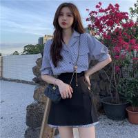 [两件套装]夏新款ins显瘦短袖衬衫裙条纹连衣裙+高腰开叉半身裙 黑色半身裙 S