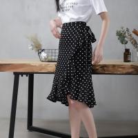 高腰鱼尾裙2021夏新款一片式波点半身裙雪纺不规则荷叶边绑带裹裙 自由风鱼尾裙黑底白点 均码 145斤内可穿