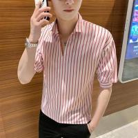 冰凉男t恤衬衫领夏季新款男士短袖五分袖宽松帅气碎花polo衫上衣V 细条红色 S 90-105斤