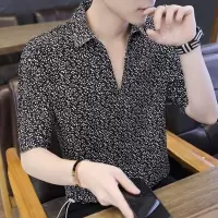 高级感衬衫男夏季七分袖时尚冰感秋款短袖衬衣修身渐变色痞帅男装 088黑色 M 推荐80-105斤