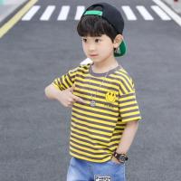 男童短袖牛仔套装夏季2021新款男孩中大童儿童帅气洋气条纹两件套 黄咖条纹T恤上衣 110