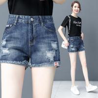 高腰牛仔短裤女2021夏季新款松紧腰直筒宽松显瘦阔腿薄款大码热裤 711蓝色特价 无弹力 26 建议80-90斤