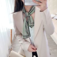 韩版复古气质油画丝巾女春秋百搭飘带双层细窄小领巾长条围巾发带 #39号 果绿色 145*15