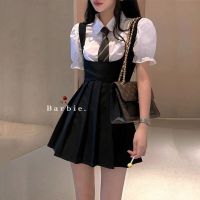 小黑裙背带连衣裙女夏辣妹jk制服吊带百褶裙+泡泡袖衬衫两件套装 单件衬衫(配领带) 2XL