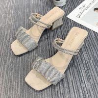 水钻凉鞋女仙女风2021年新款中跟百搭中跟鞋方跟一字带罗马鞋气质 米白色 35 标准尺码