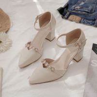 粗跟仙气高跟鞋2021新款女凉鞋新款春夏韩版舒适中空一字带高跟鞋 杏色 34