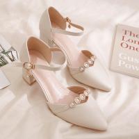 真软皮包头鞋仙气凉鞋女2021新款夏时尚外穿韩版中空一字带高跟鞋 杏色 34