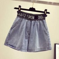 抽绳牛仔短裤女2021年夏季新款高腰双扣宽松显瘦阔腿牛仔A字热裤 蓝色1026 S (80-95斤)
