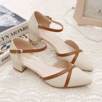 包头凉鞋女2021新款春夏季一字扣粗跟中跟百搭拼色韩版尖头单鞋女 杏色 35