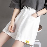 松紧腰弹力牛仔短裤女2021新款裤子夏薄款宽松显瘦高腰直筒五分裤 [5318]白色五分裤 27 码 建议[90-100斤